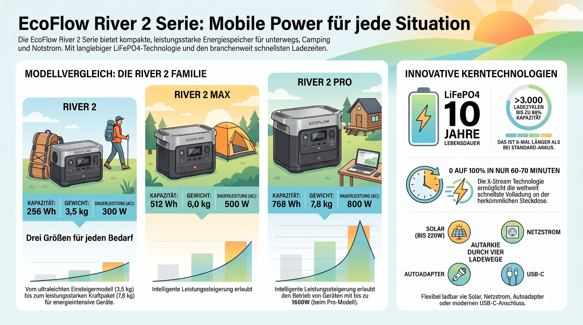 EcoFlow River 2 Serie: Modellvergleich River 2, River 2 Max, River 2 Pro mit Kapazität, Gewicht, Dauerleistung sowie Kerntechnologien LiFePO4, X-Stream und Solar-Laden