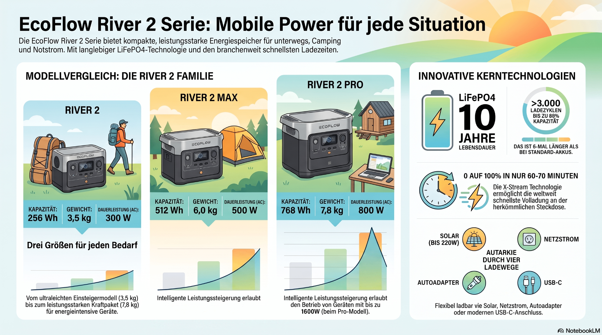 EcoFlow River 2 Serie: Modellvergleich River 2, River 2 Max, River 2 Pro mit Kapazität, Gewicht, Dauerleistung sowie Kerntechnologien LiFePO4, X-Stream und Solar-Laden